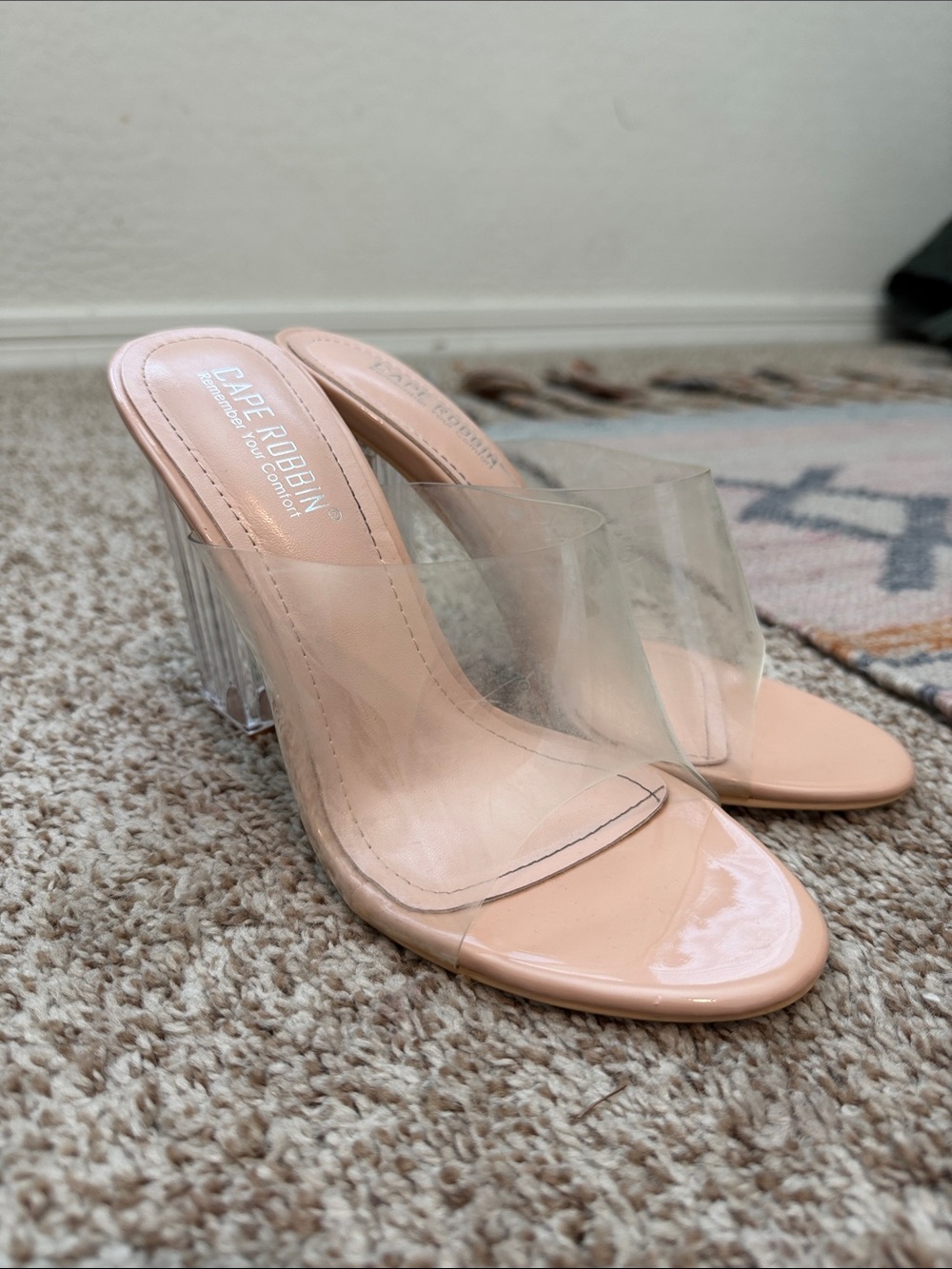 Cape Robbin Nude Clear Strap Block Heel Mules